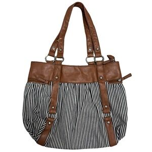 Call It Spring Brown Faux Leather & Striped Canvas Tote Bag
